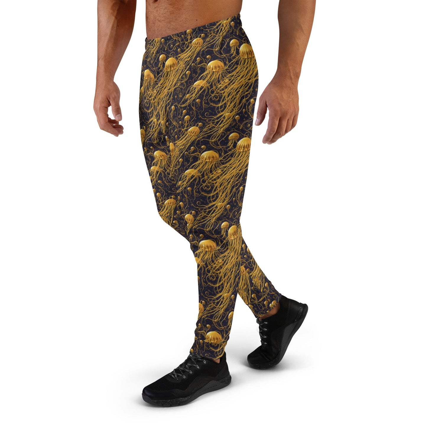 Men's Comfortable Joggers  - Black And Gold Jellyfishes - by Jelly Kvlt