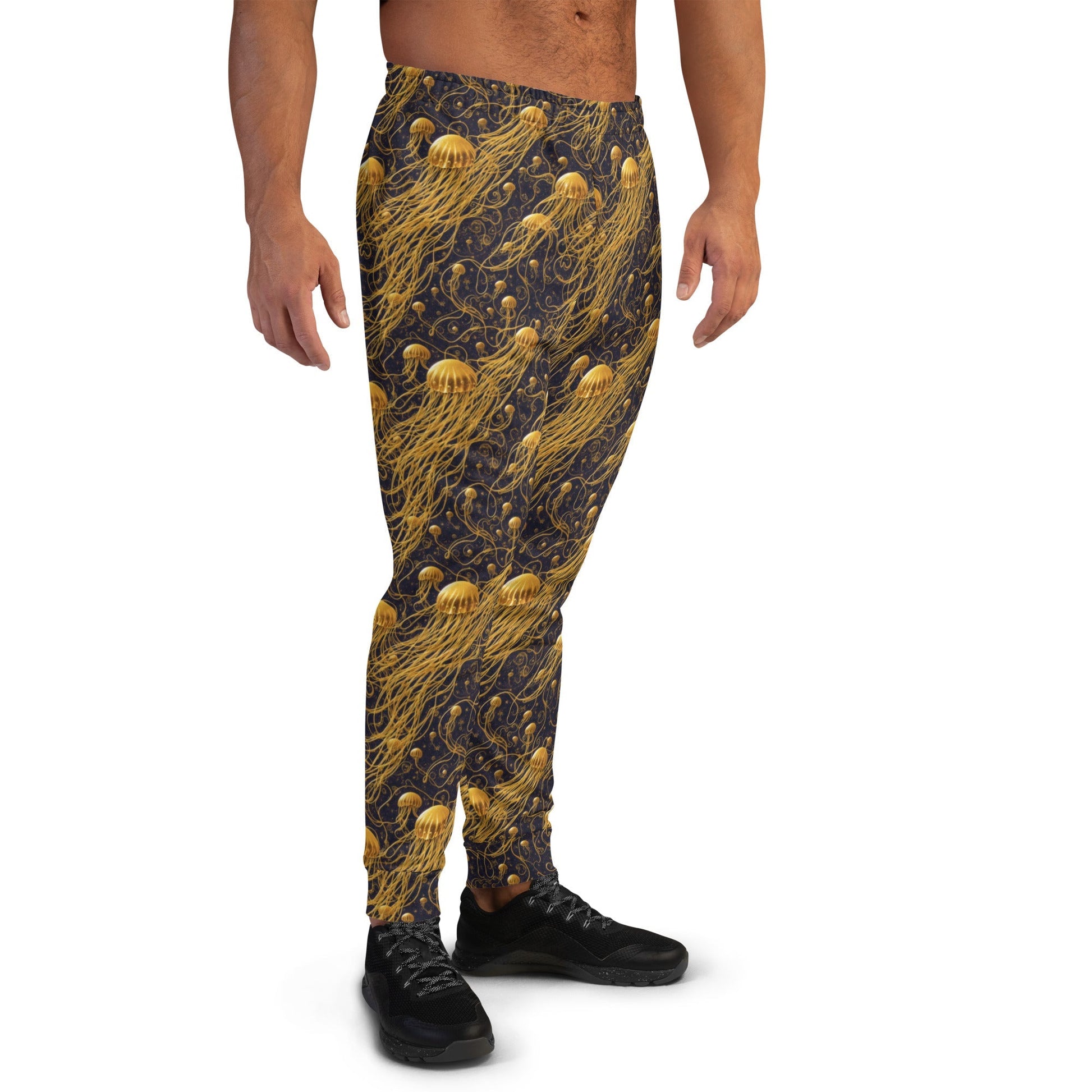 Men's Comfortable Joggers  - Black And Gold Jellyfishes - by Jelly Kvlt