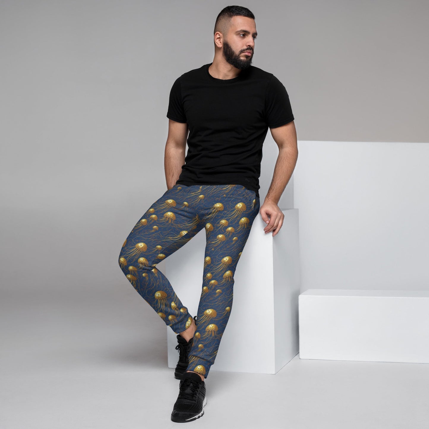 Men's Comfortable Joggers - Blue and Gold Jellyfishes - by Jelly Kvlt