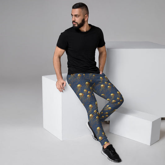 Men's Comfortable Joggers - Blue and Gold Jellyfishes - by Jelly Kvlt