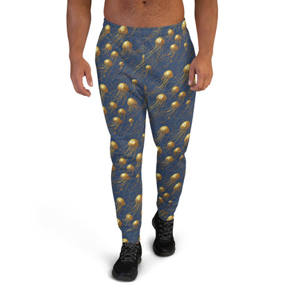 Men's Comfortable Joggers - Blue and Gold Jellyfishes - by Jelly Kvlt