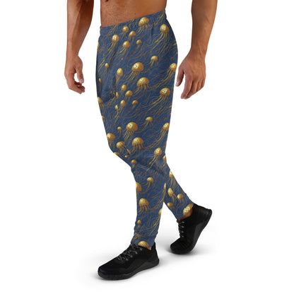 Men's Comfortable Joggers - Blue and Gold Jellyfishes - by Jelly Kvlt