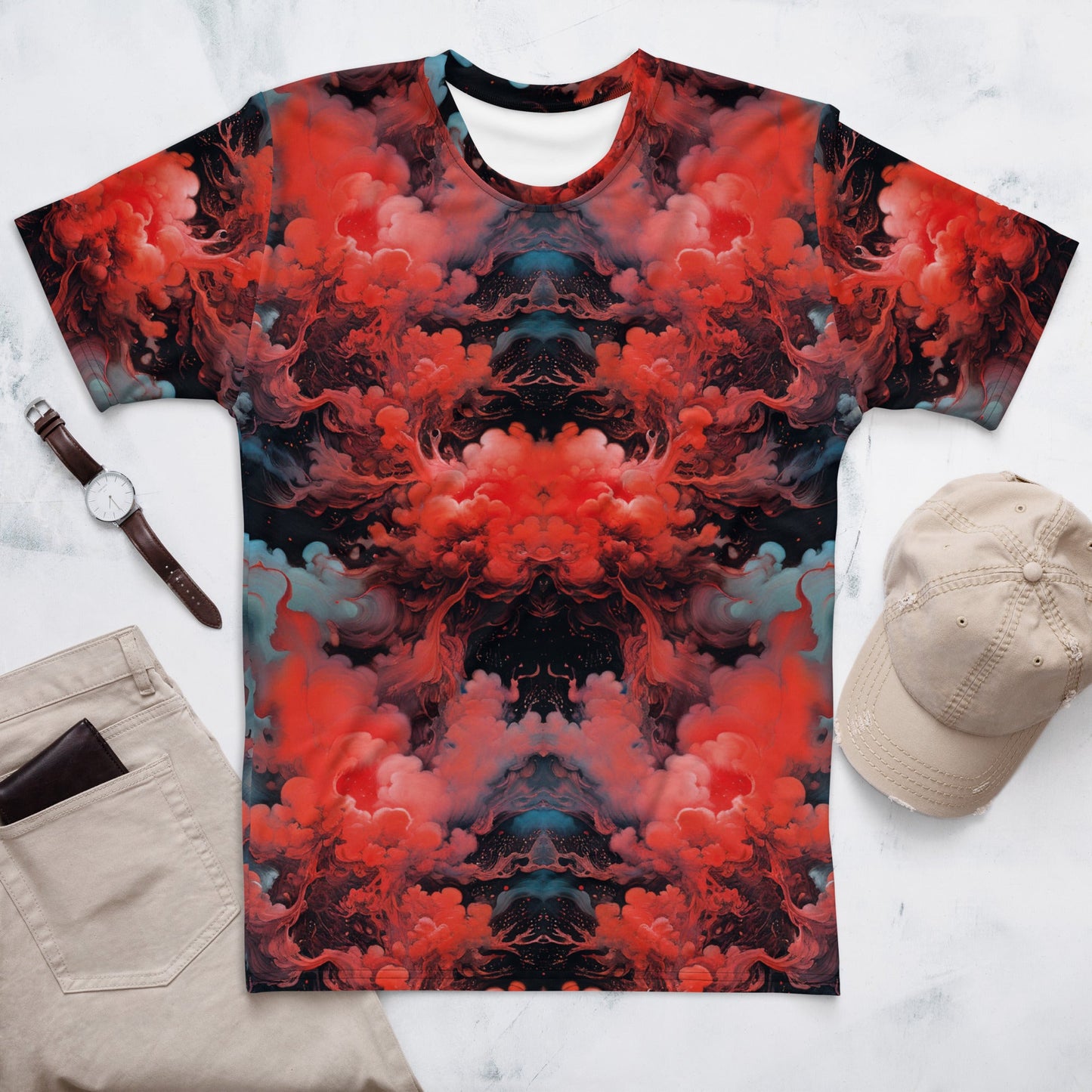 Men's Crewneck T-shirt  - Ethereal Crimson Flow - Dark - by Jelly Kvlt