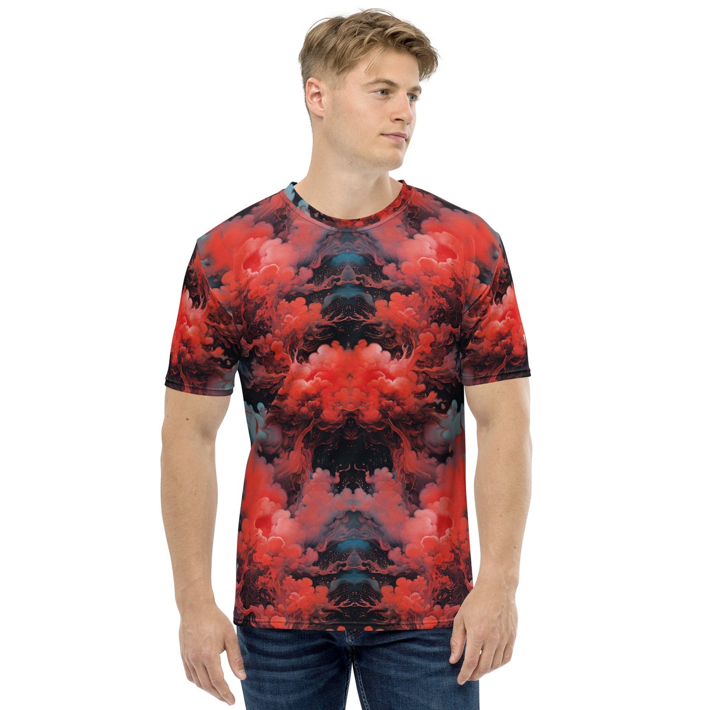 Men's Crewneck T-shirt  - Ethereal Crimson Flow - Dark - by Jelly Kvlt