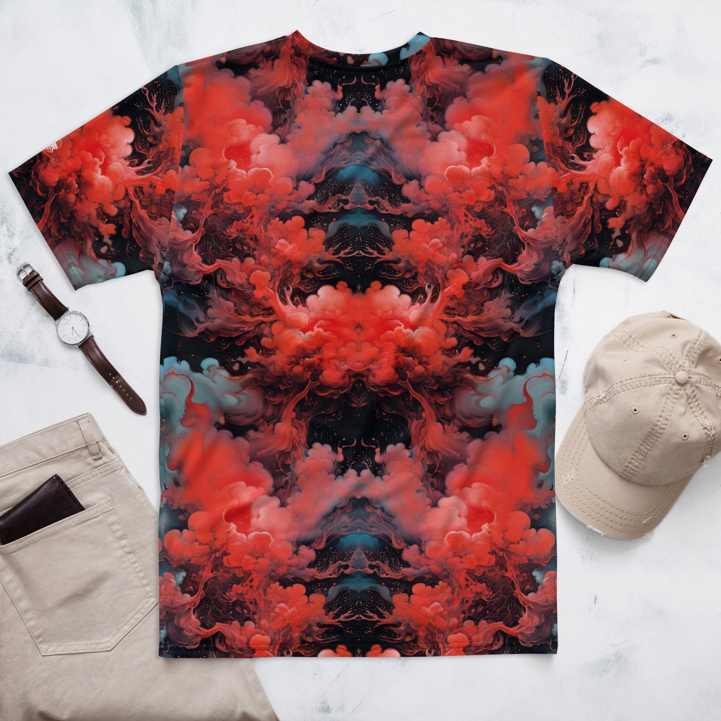 Men's Crewneck T-shirt  - Ethereal Crimson Flow - Dark - by Jelly Kvlt