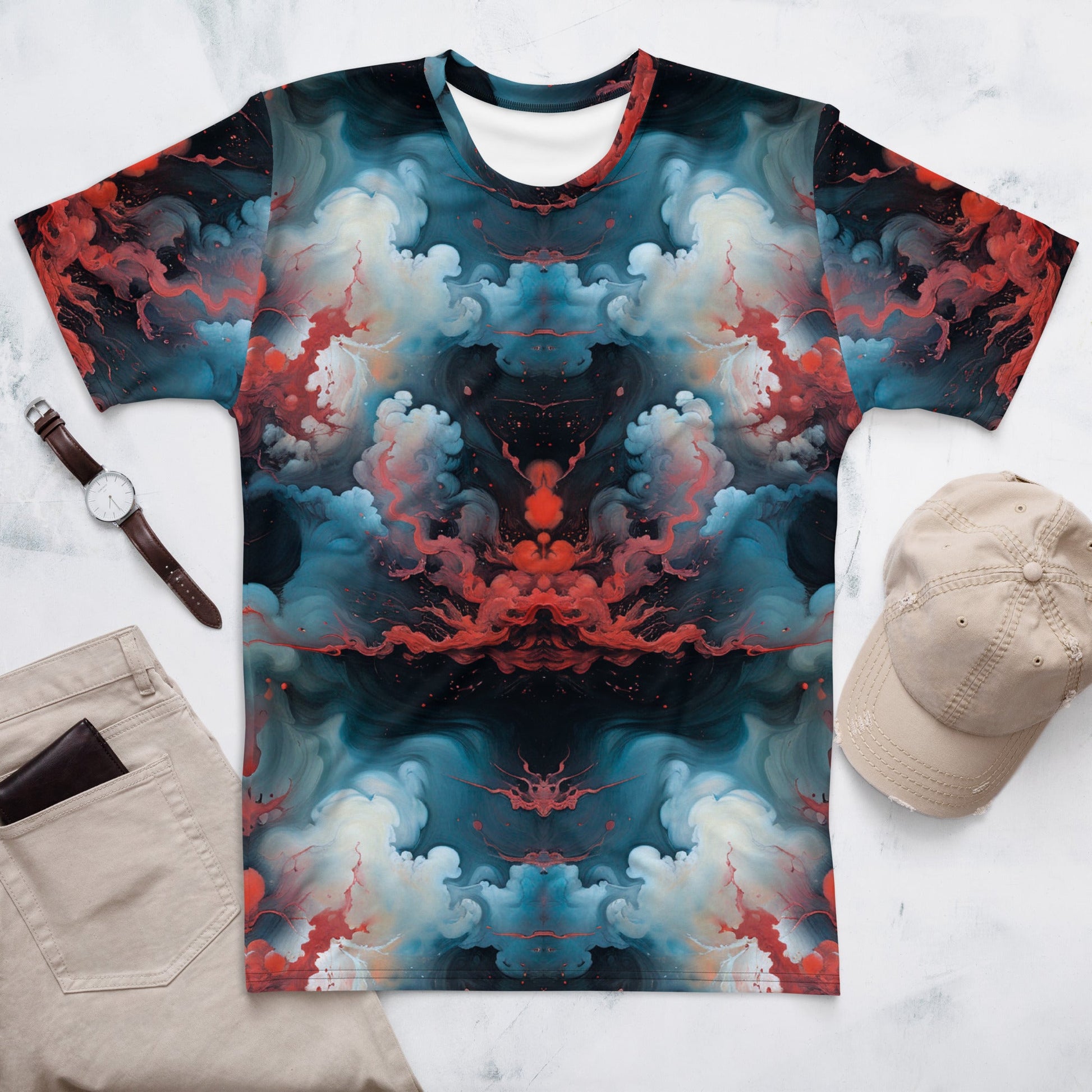 Men's Crewneck T-shirt - Ethereal Crimson Flow - Light - by Jelly Kvlt