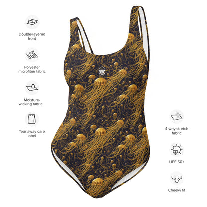 One-Piece Swimsuit - Black and Gold Jellyfishes | Jelly Kvlt