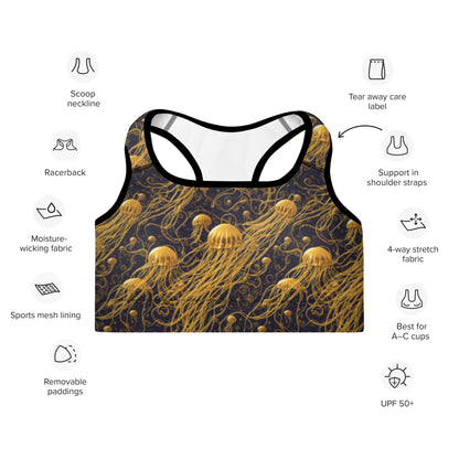 Padded Sports Bra - Black and Gold Jellyfishes | Jelly Kvlt