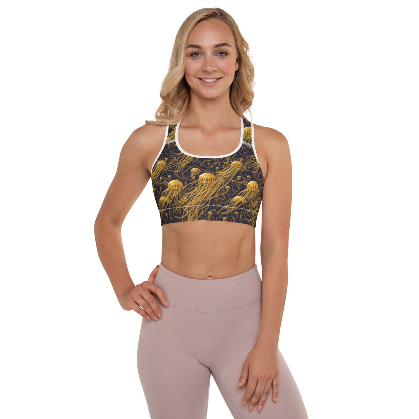 Padded Sports Bra - Black and Gold Jellyfishes | Jelly Kvlt