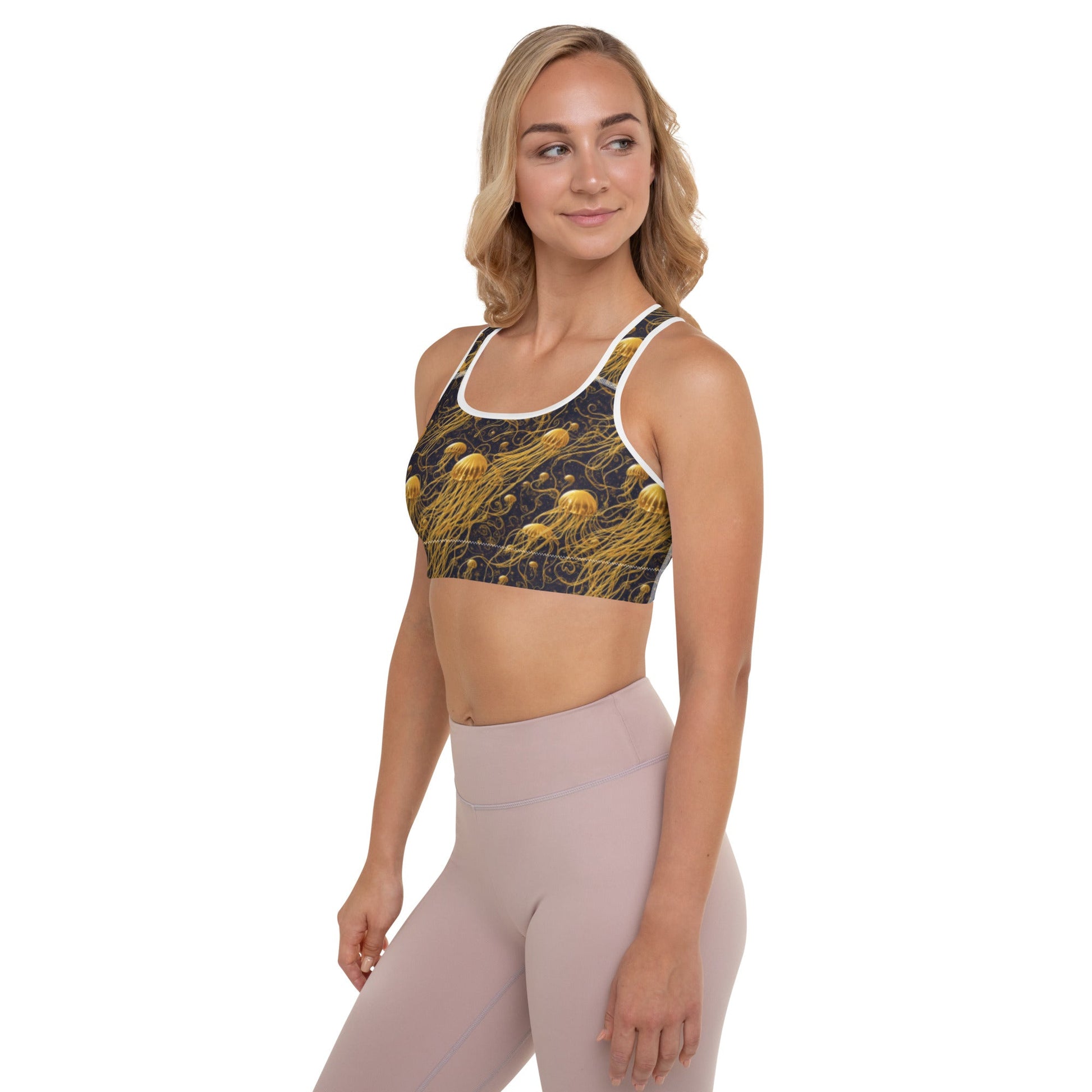 Padded Sports Bra - Black and Gold Jellyfishes | Jelly Kvlt