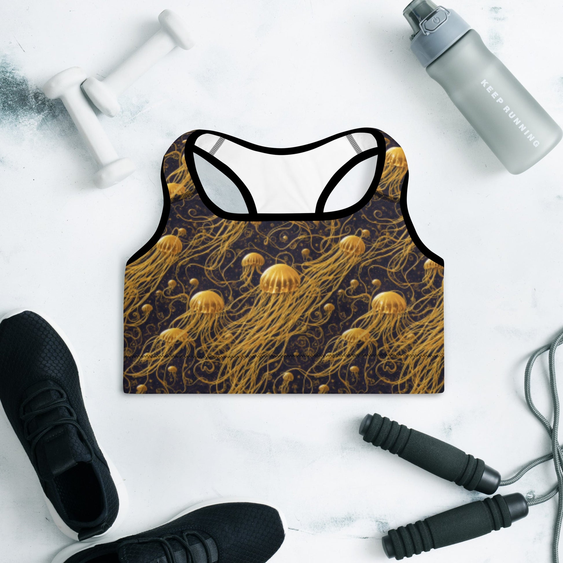 Padded Sports Bra - Black and Gold Jellyfishes | Jelly Kvlt