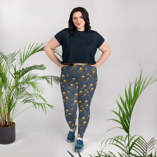 Plus Size Leggings - Blue and Gold Jellyfishes | Cosmic Activewear by Jelly Kvlt