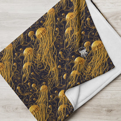 Soft Fleece Throw Blanket - Black And Gold Jellyfishes - by Jelly Kvlt