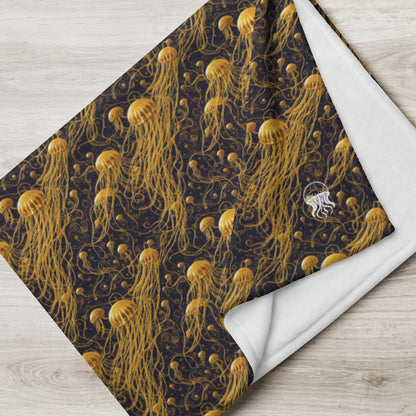 Soft Fleece Throw Blanket - Black And Gold Jellyfishes - by Jelly Kvlt