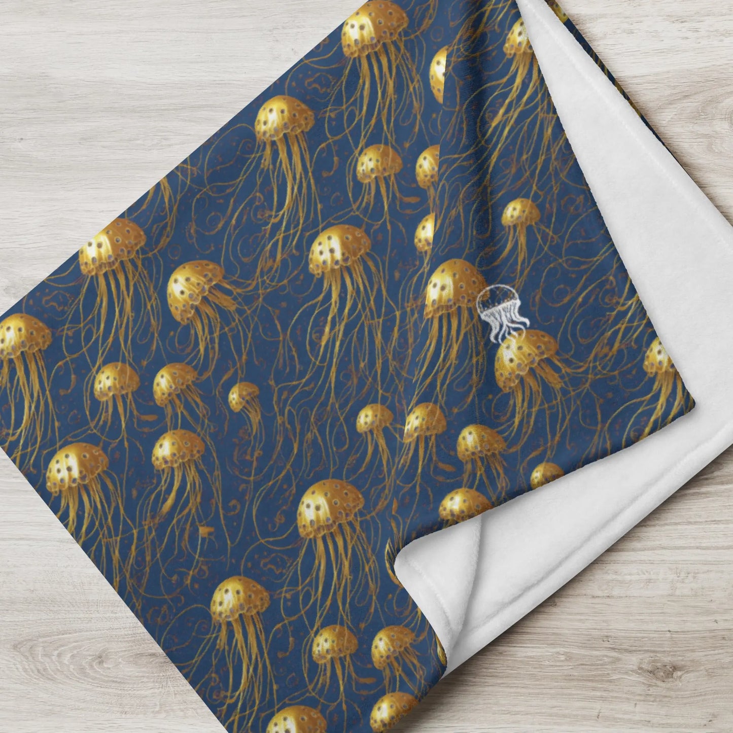 Soft Fleece Throw Blanket - Blue And Gold Jellyfishe - by Jelly Kvlt