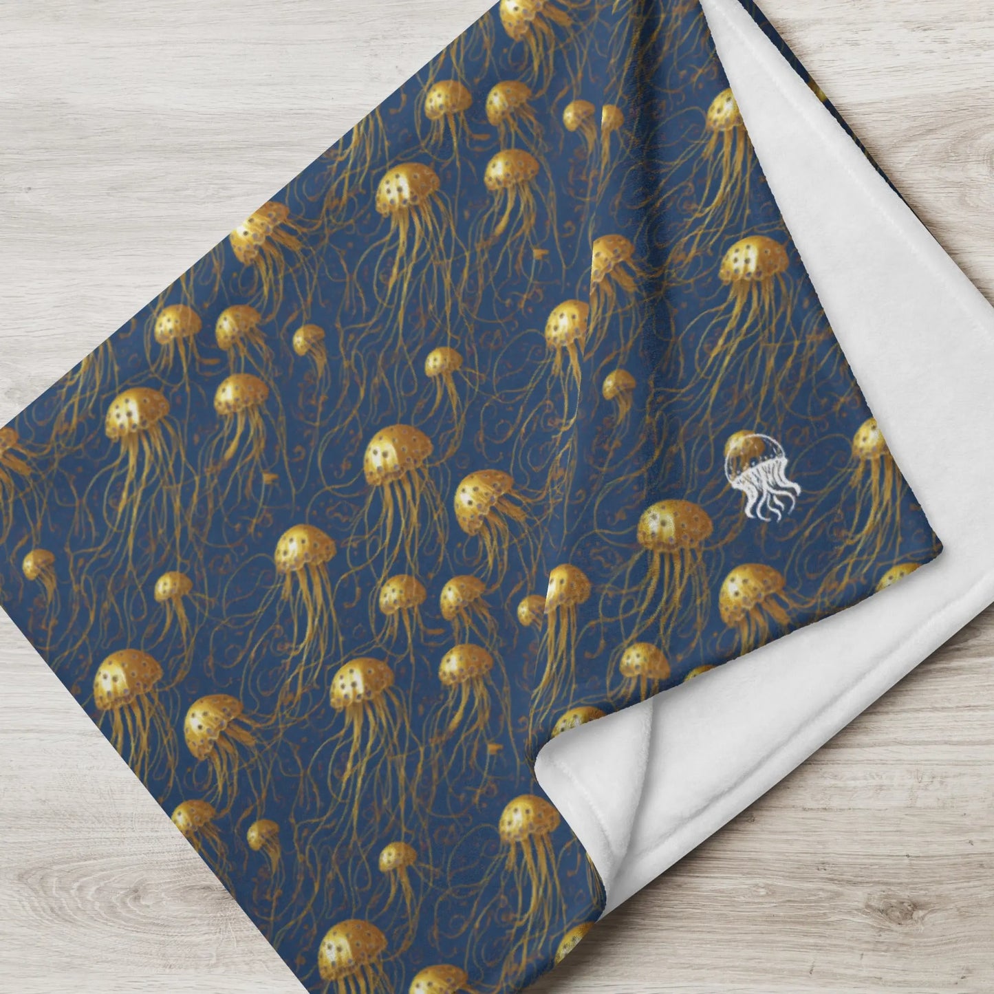 Soft Fleece Throw Blanket - Blue And Gold Jellyfishe - by Jelly Kvlt