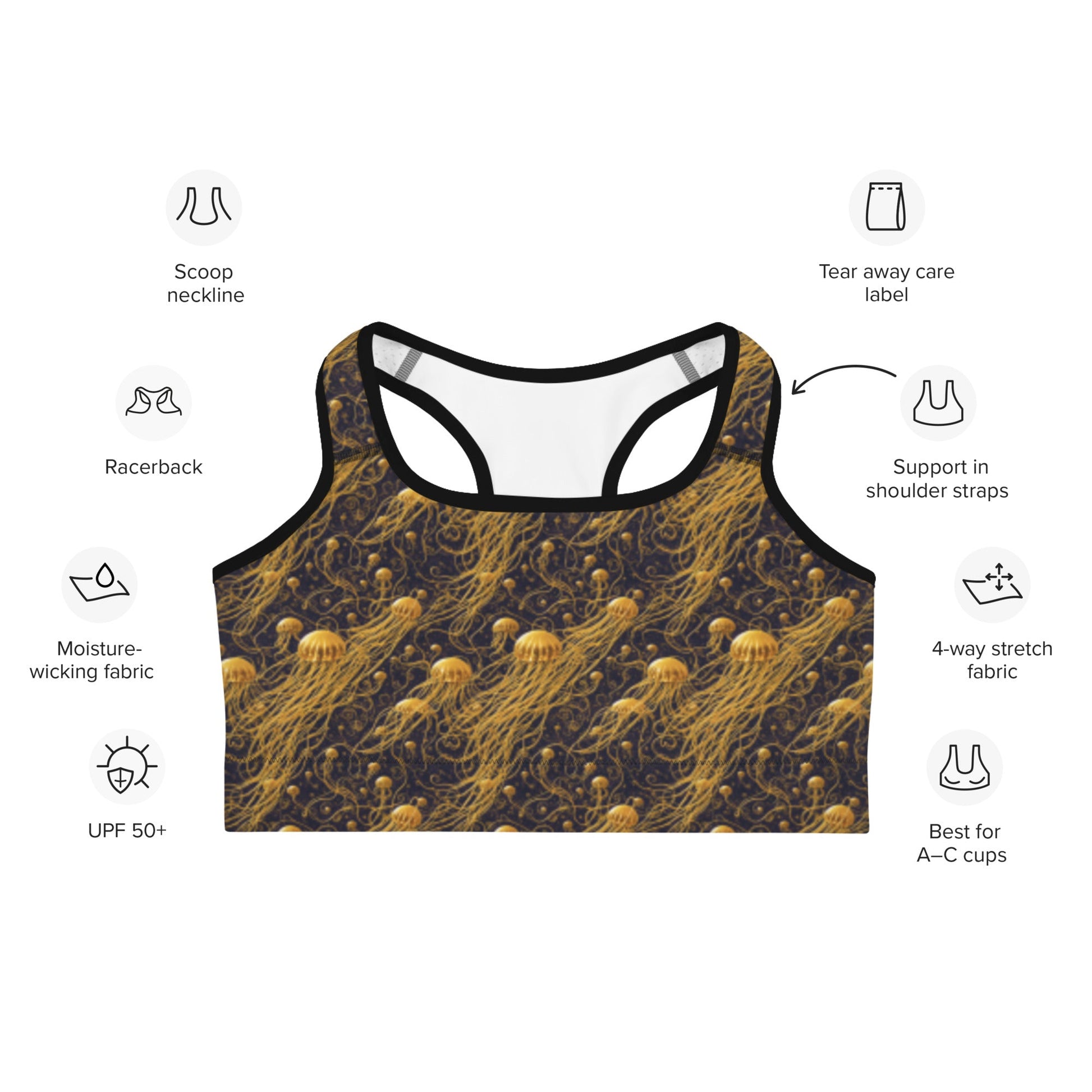 Jelly Kvlt -  Sports bra - Black and Gold Jellyfishes