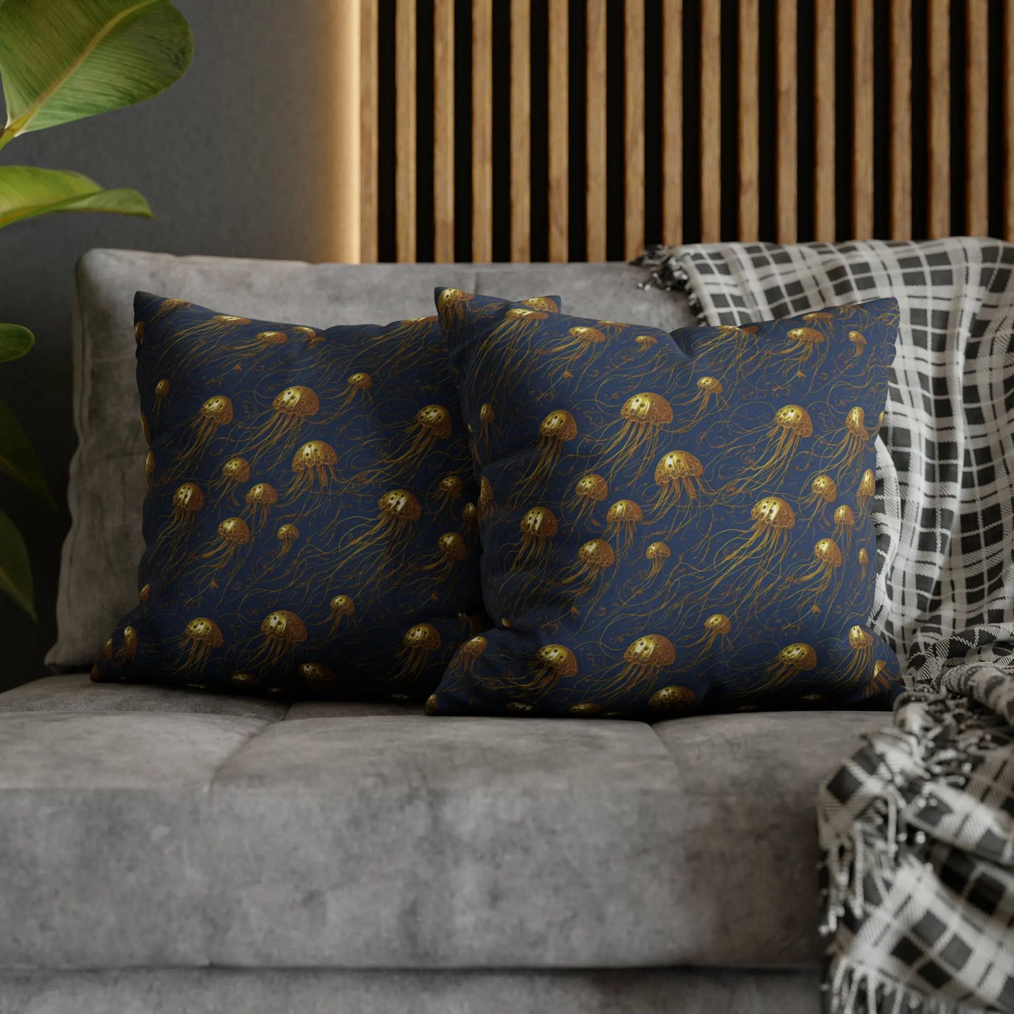 Jelly Kvlt -  Square Pillow Case - Blue and Gold Jellyfishes