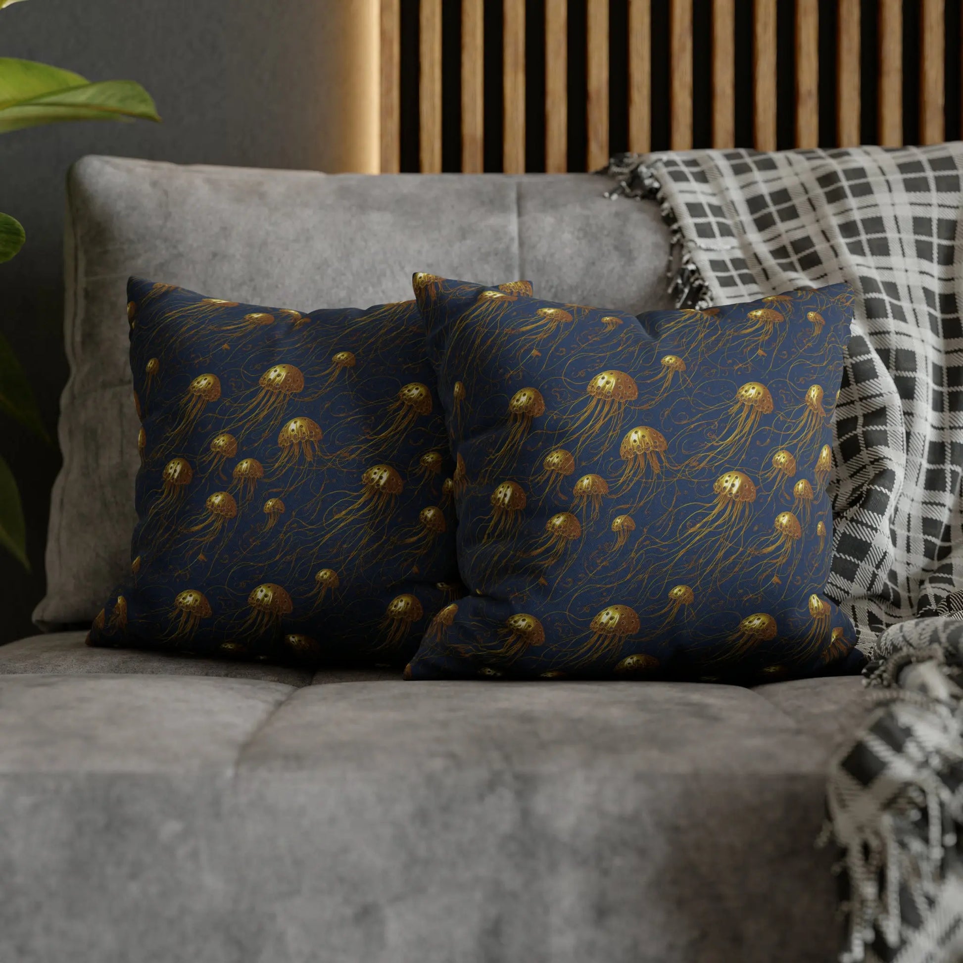 Jelly Kvlt -  Square Pillow Case - Blue and Gold Jellyfishes