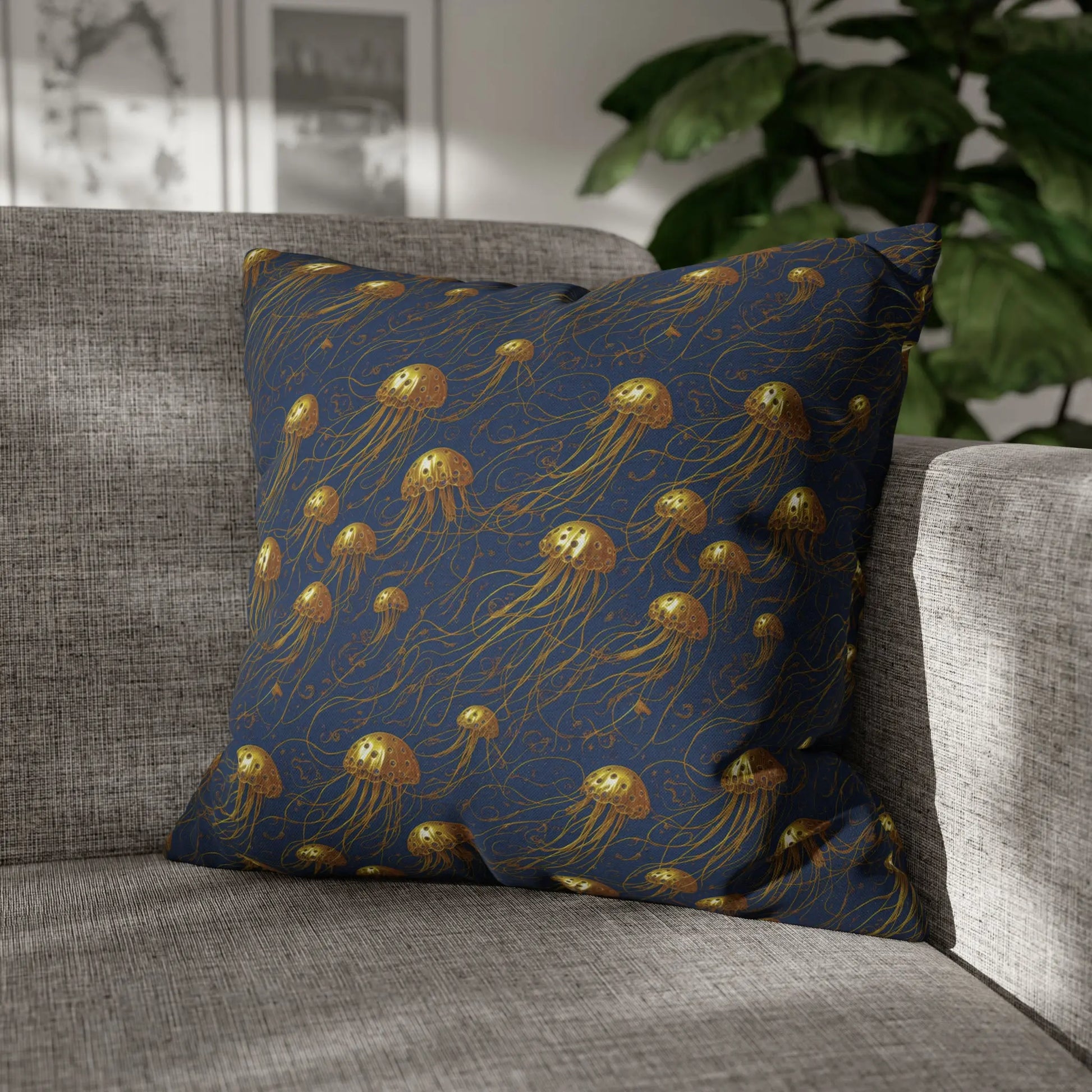 Jelly Kvlt -  Square Pillow Case - Blue and Gold Jellyfishes