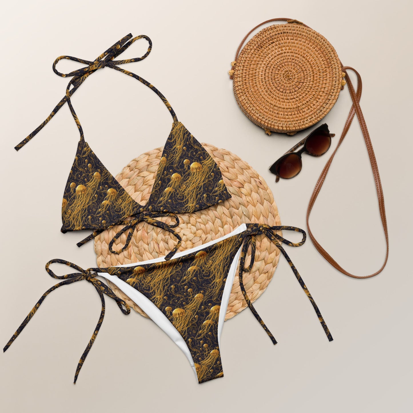 String bikini - Black and Gold Jellyfishes - by Jelly Kvlt