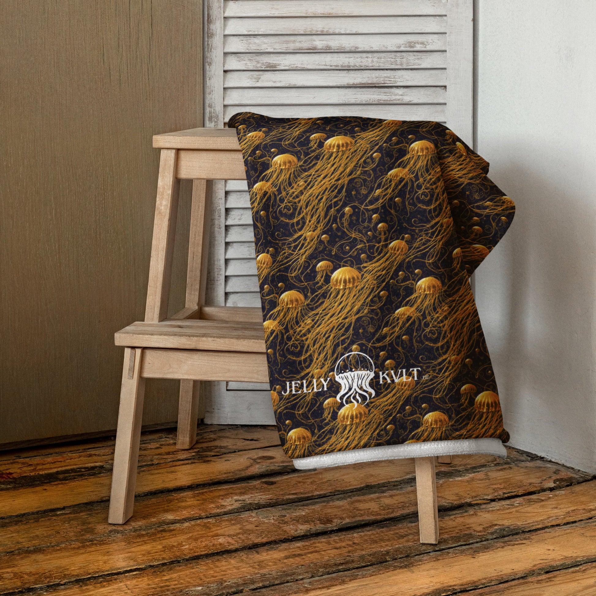 Beach Towel - Black and Gold Jellyfishes - by Jelly Kvlt