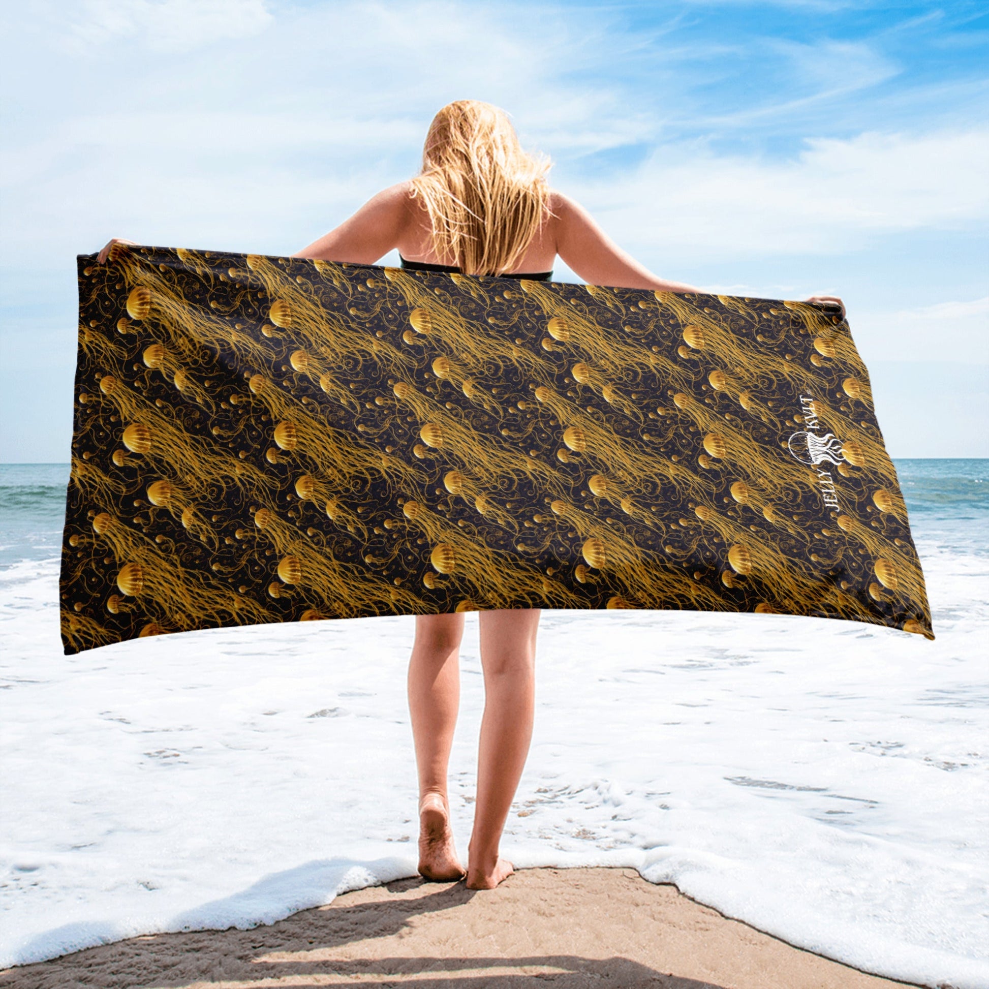 Beach Towel - Black and Gold Jellyfishes - by Jelly Kvlt