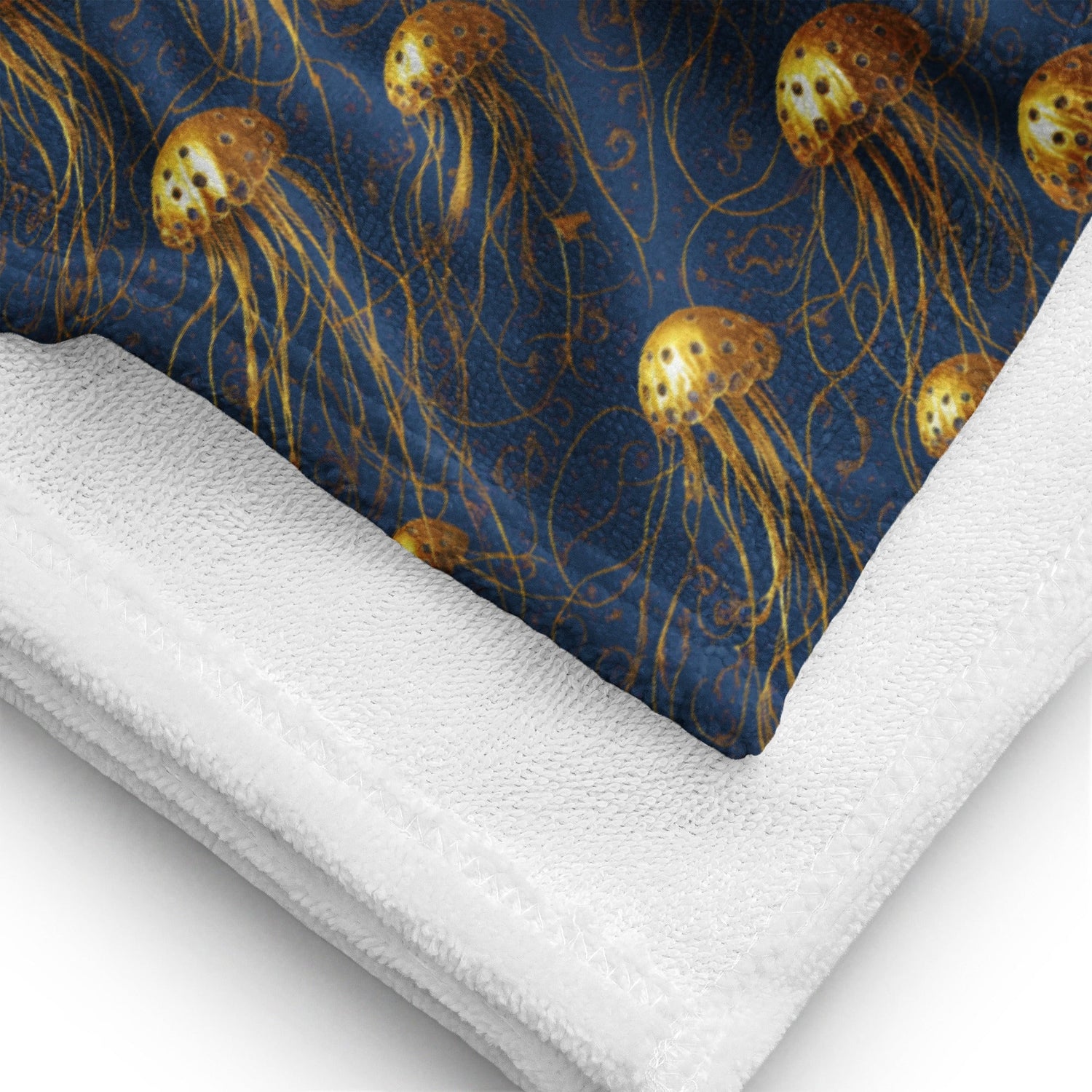 Beach Towel - Blue And Gold Jellyfishes - by Jelly Kvlt