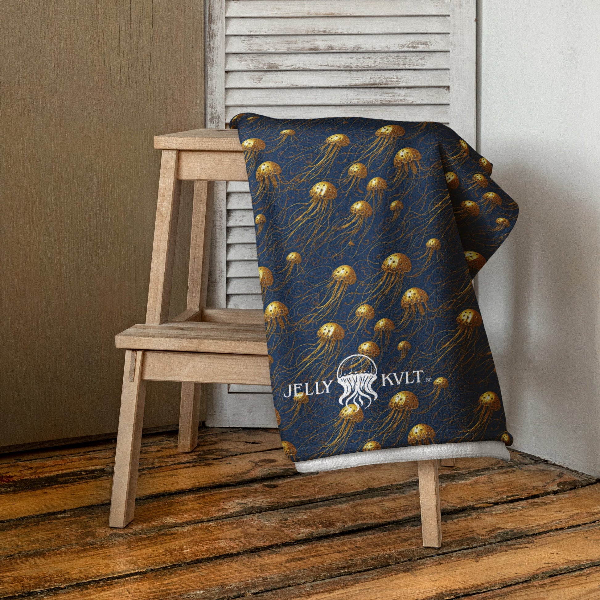 Beach Towel - Blue And Gold Jellyfishes - by Jelly Kvlt