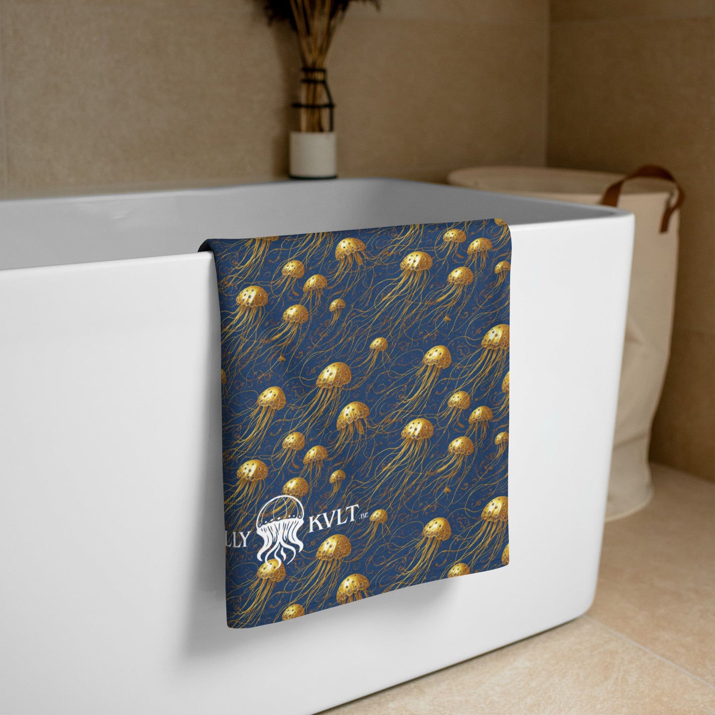 Beach Towel - Blue And Gold Jellyfishes - by Jelly Kvlt