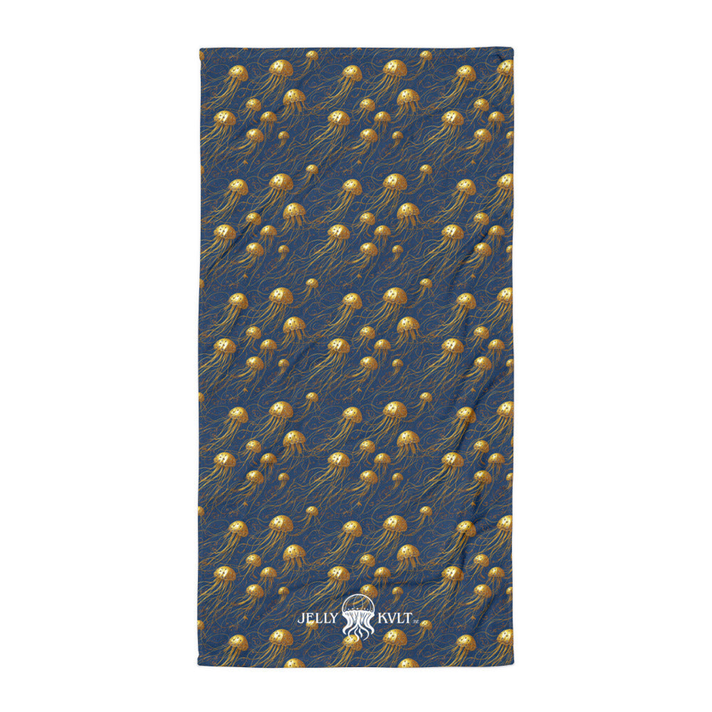 Beach Towel - Blue And Gold Jellyfishes - by Jelly Kvlt