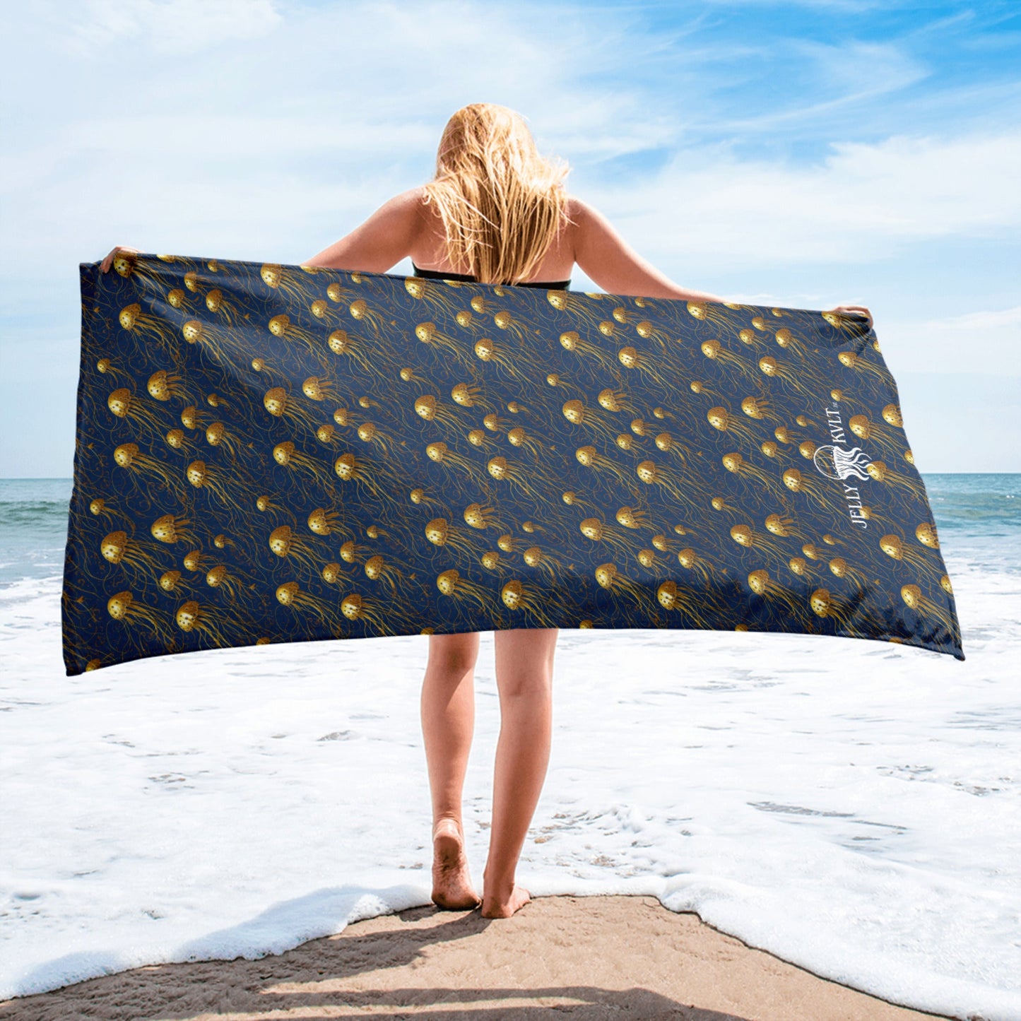 Beach Towel - Blue And Gold Jellyfishes - by Jelly Kvlt