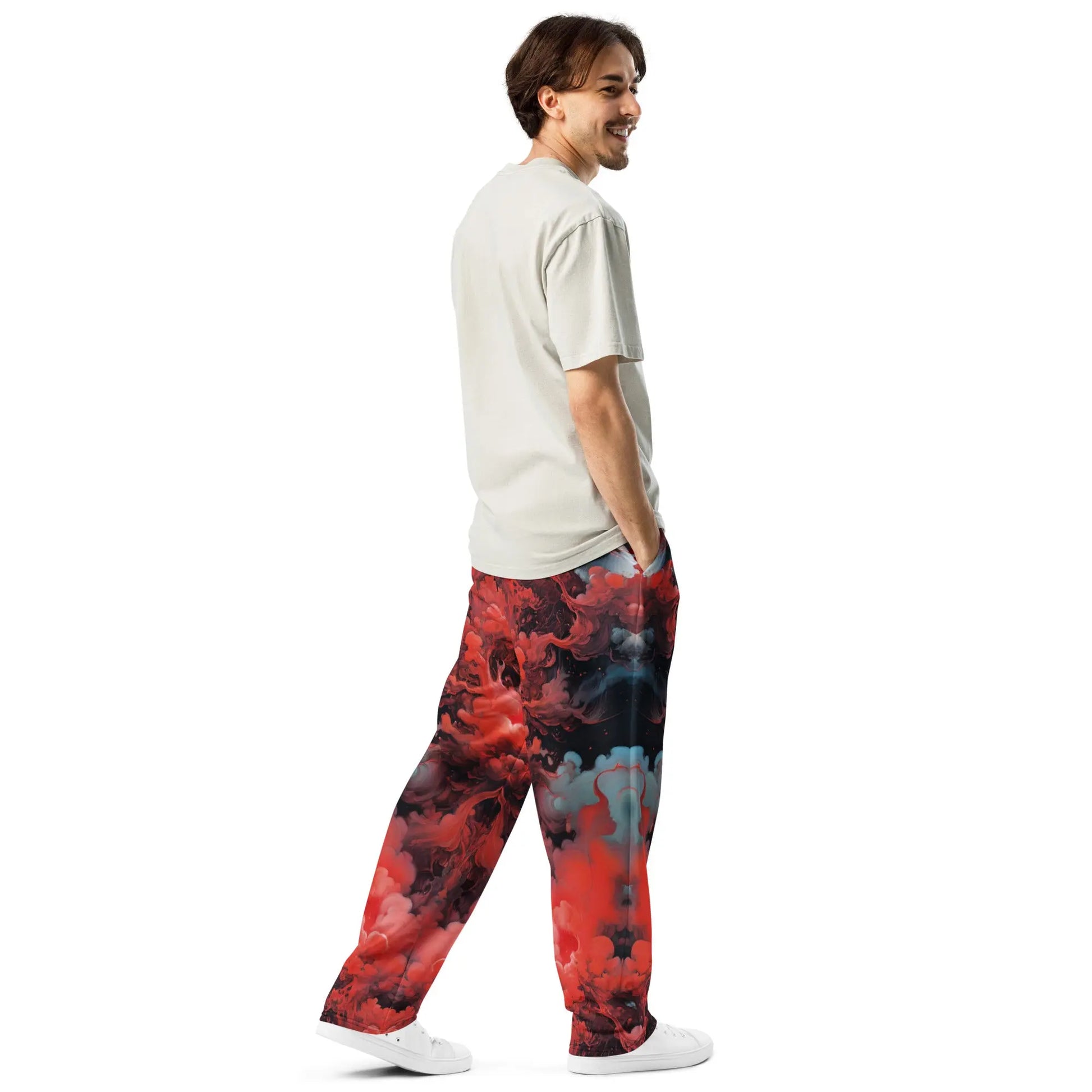 Unisex Wide-leg Joggers - Ethereal Crimson Flow - Dark - by Jelly Kvlt