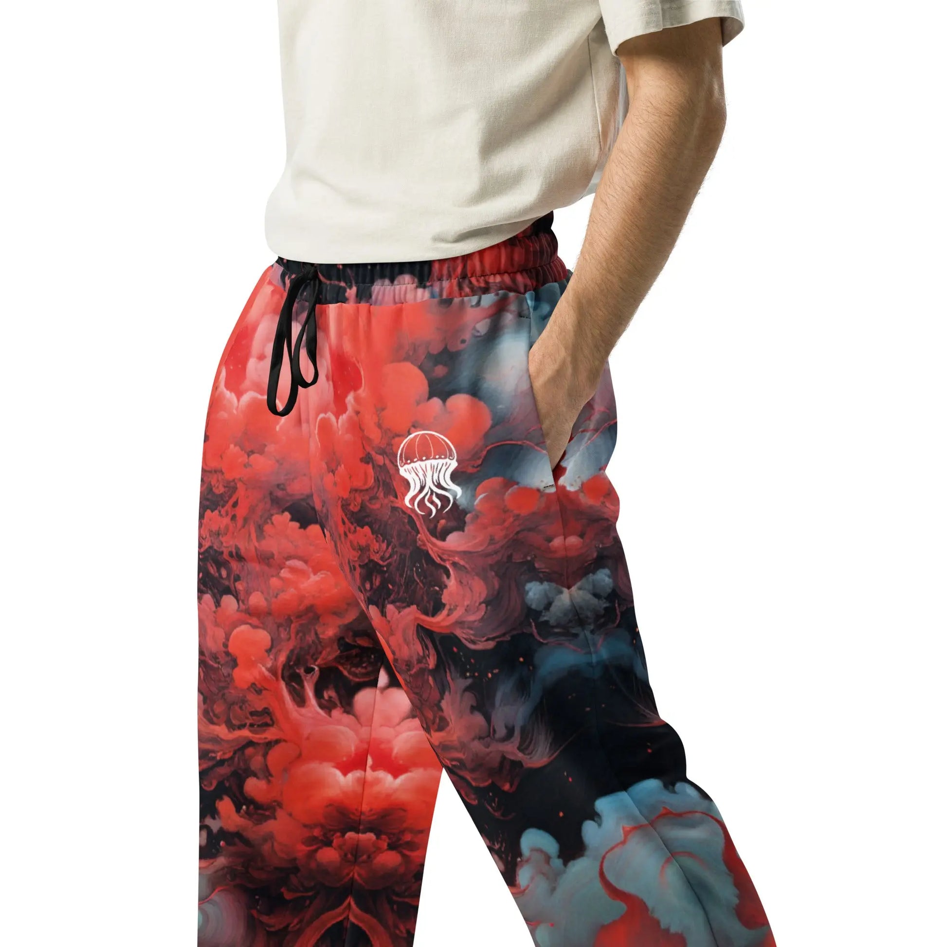 Unisex Wide-leg Joggers - Ethereal Crimson Flow - Dark - by Jelly Kvlt