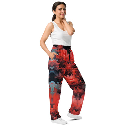 Unisex Wide-leg Joggers - Ethereal Crimson Flow - Dark - by Jelly Kvlt