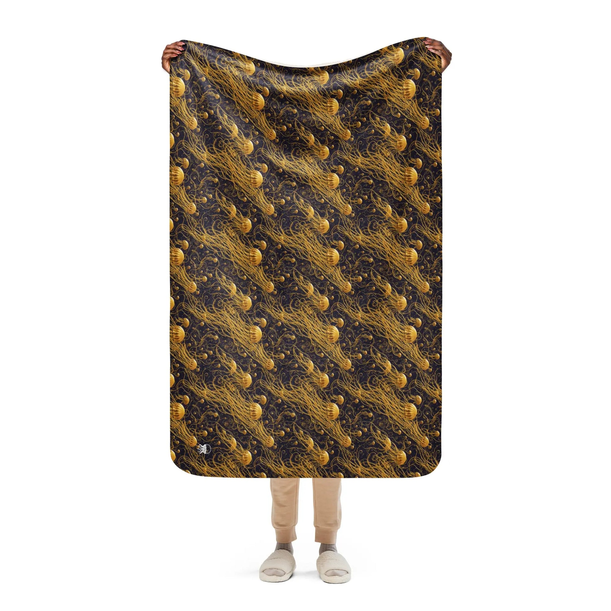 Warm Sherpa Fleece Blanket - Black and Gold Jellyfishes - by Jelly Kvlt