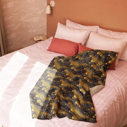 Warm Sherpa Fleece Blanket - Black and Gold Jellyfishes - by Jelly Kvlt