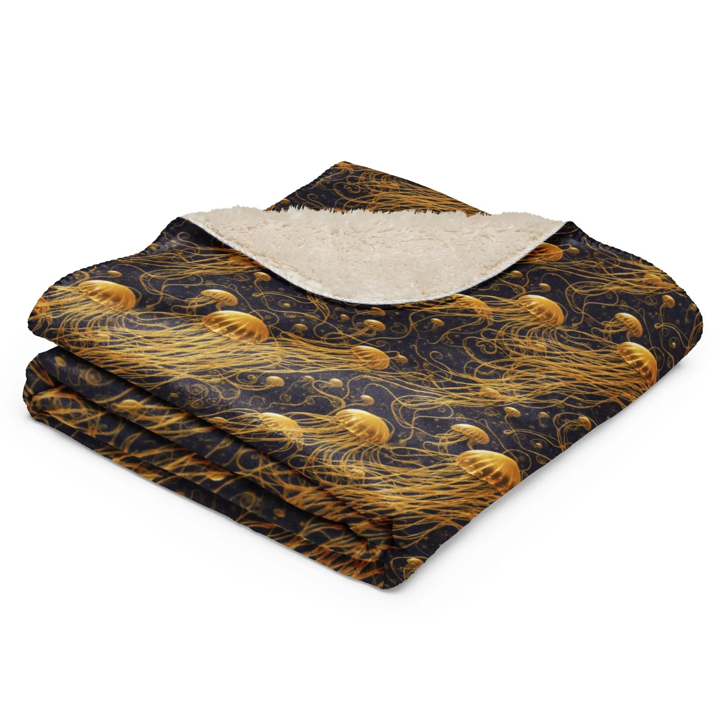 Warm Sherpa Fleece Blanket - Black and Gold Jellyfishes - by Jelly Kvlt