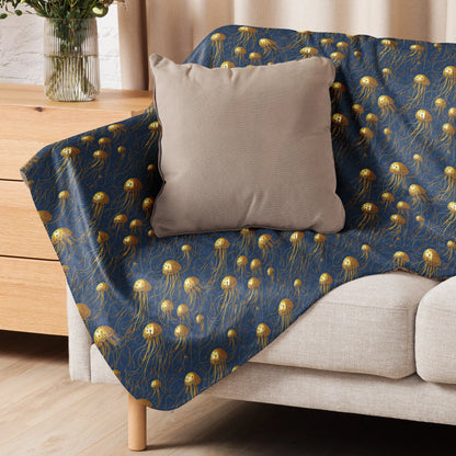 Warm Sherpa Fleece Blanket - Blue and Gold Jellyfishes - by Jelly Kvlt