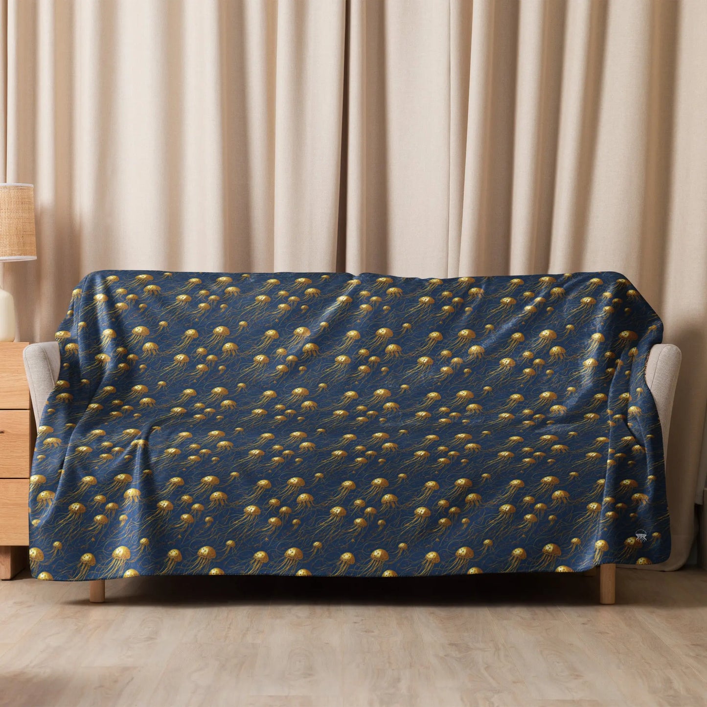 Warm Sherpa Fleece Blanket - Blue and Gold Jellyfishes - by Jelly Kvlt