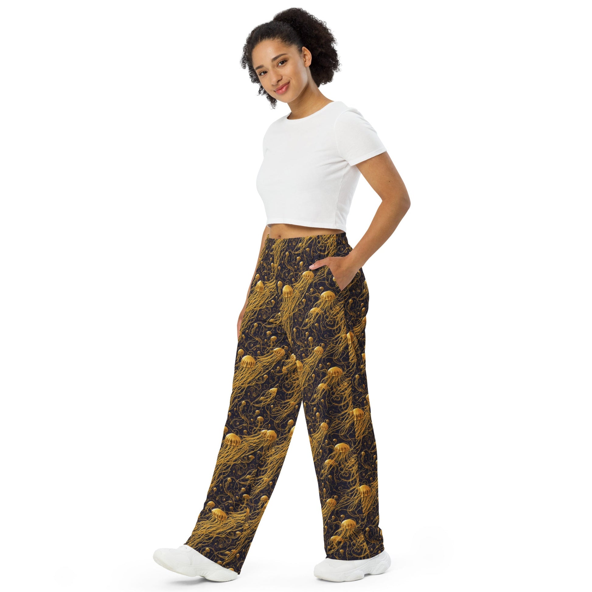 Wide-leg Pants - Black and Gold Jellyfishes - by Jelly Kvlt