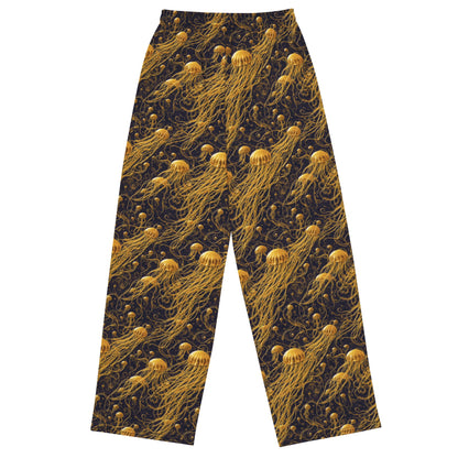 Wide-leg Pants - Black and Gold Jellyfishes - by Jelly Kvlt