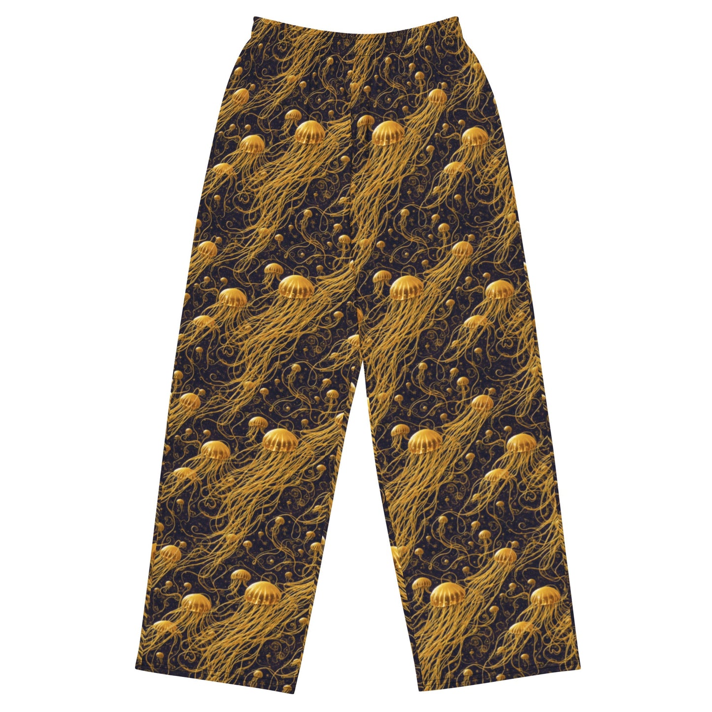 Wide-leg Pants - Black and Gold Jellyfishes - by Jelly Kvlt