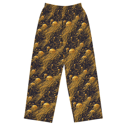 Wide-leg Pants - Black and Gold Jellyfishes - by Jelly Kvlt