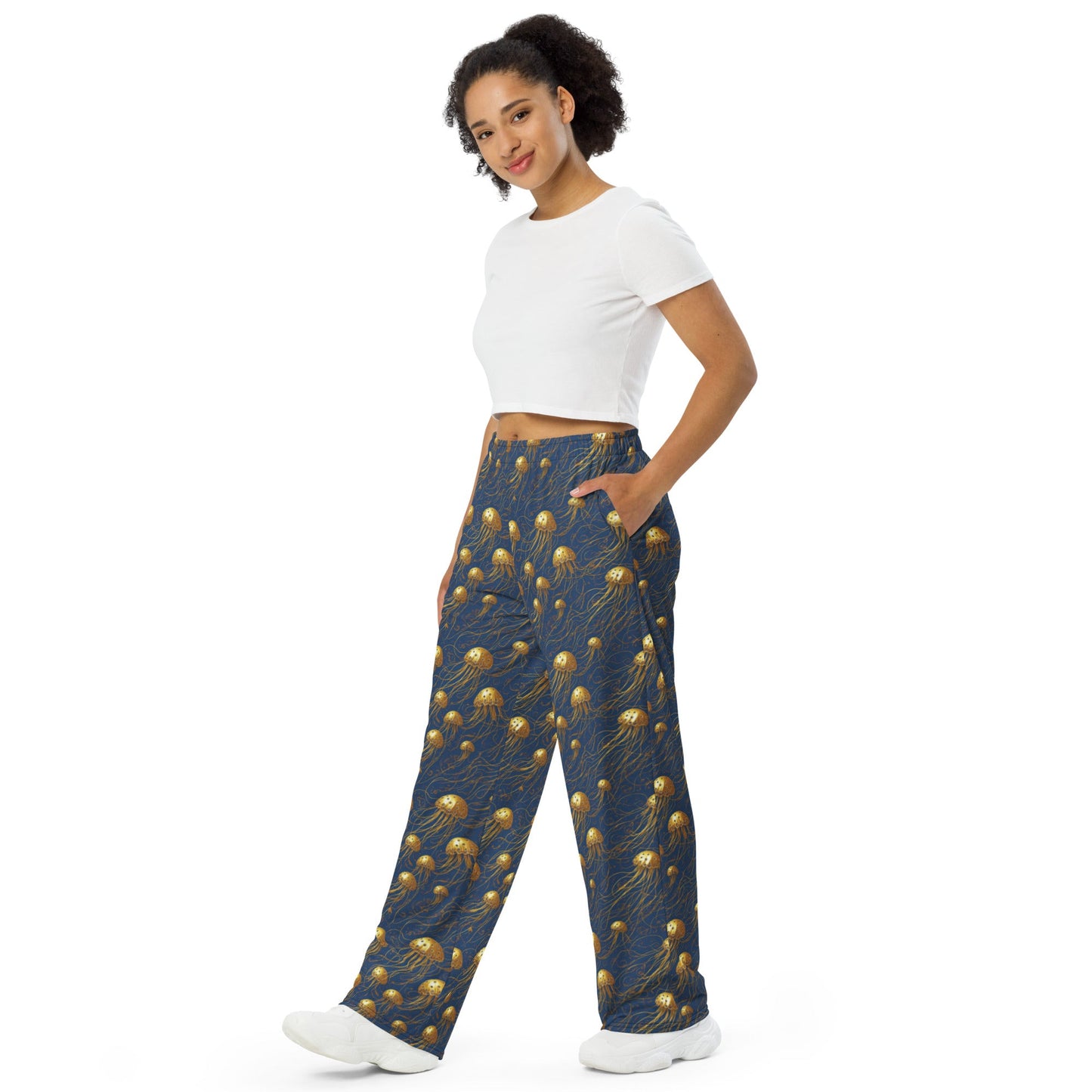 Wide-leg Pants - Blue and Gold Jellyfishes - by Jelly Kvlt