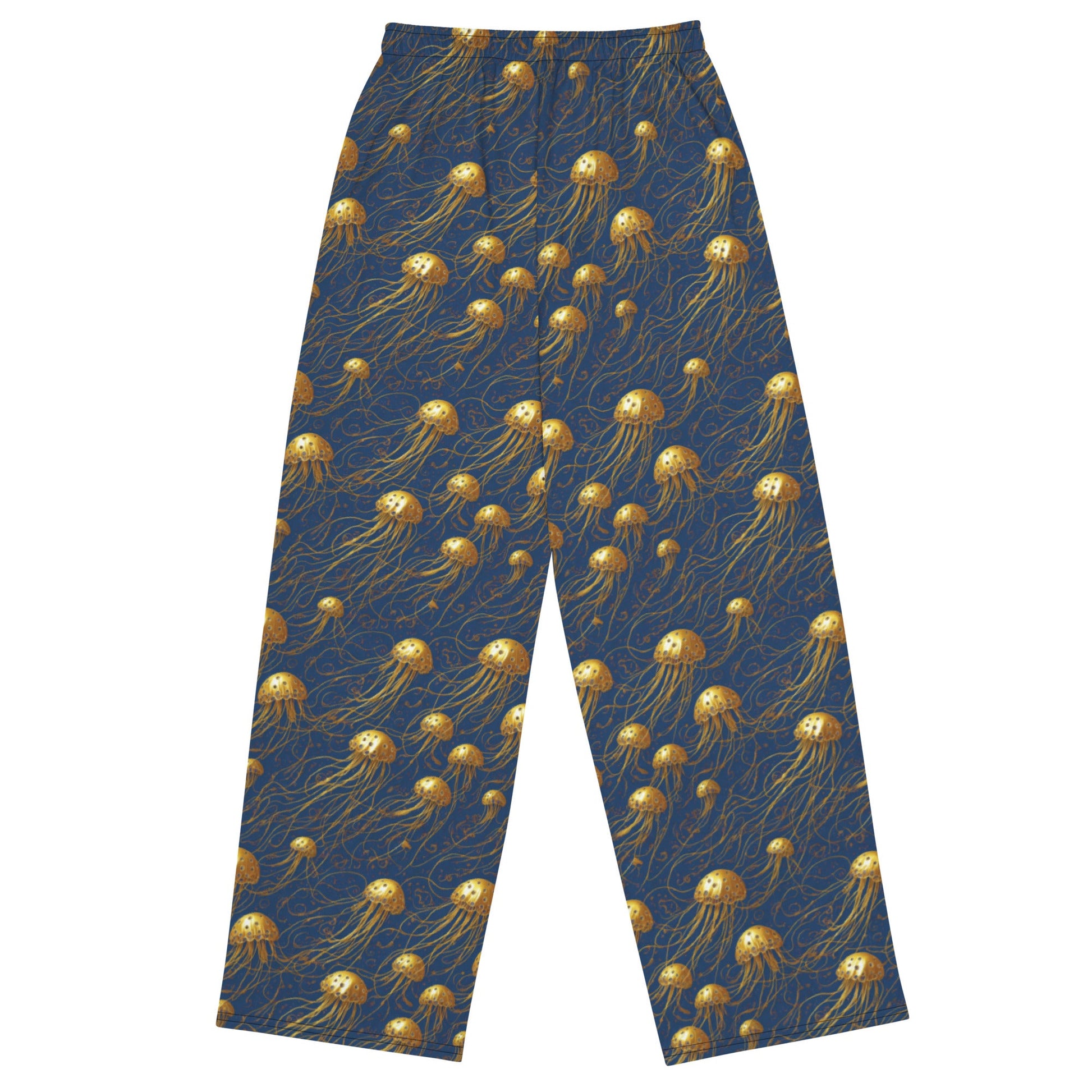 Wide-leg Pants - Blue and Gold Jellyfishes - by Jelly Kvlt