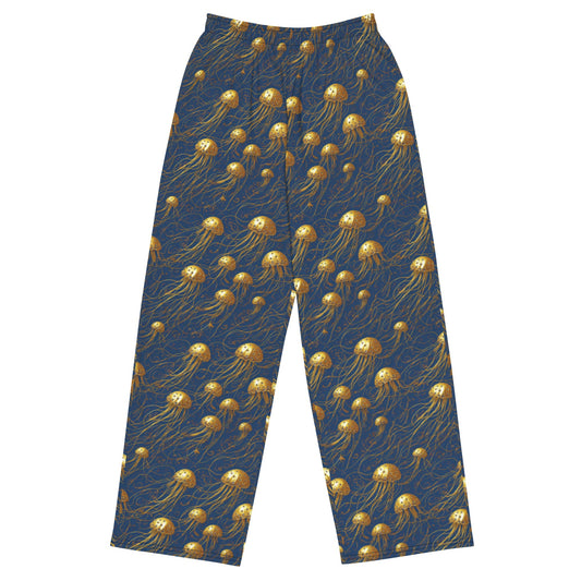 Wide-leg Pants - Blue and Gold Jellyfishes - by Jelly Kvlt