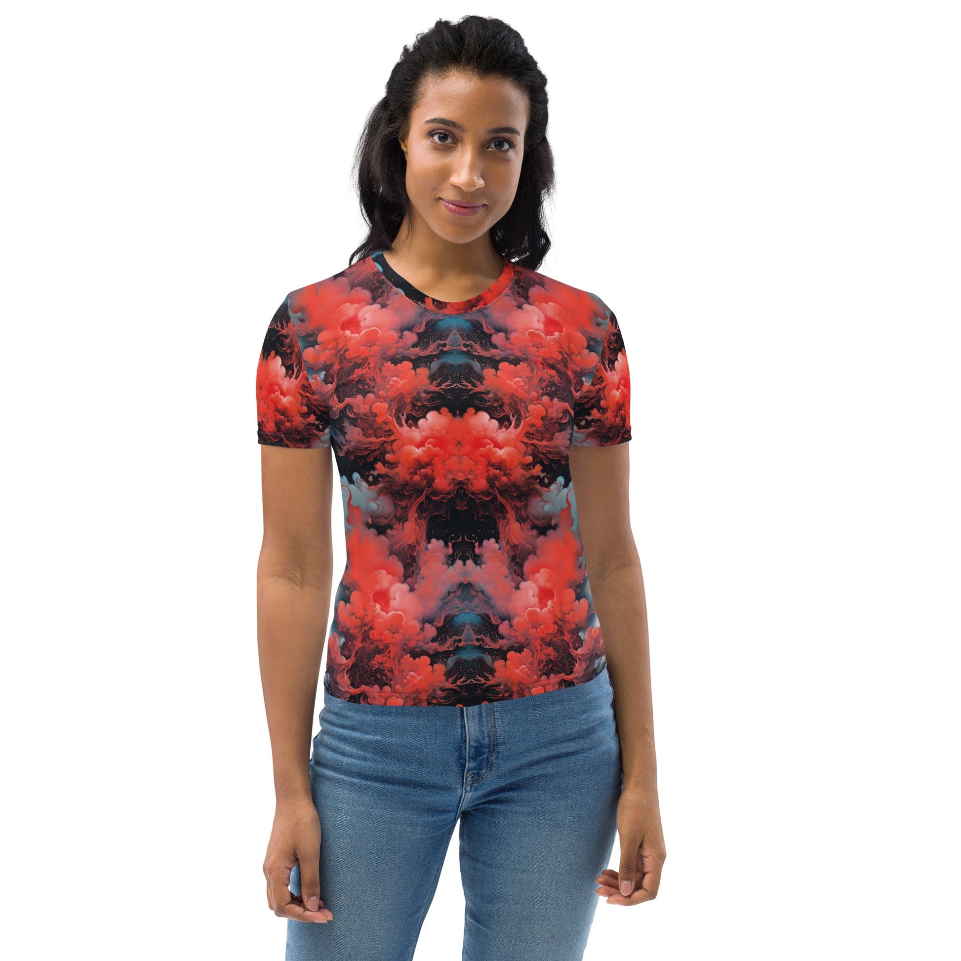 Women's Crewneck T-Shirt - Ethereal Crimson Flow - Dark | Jelly Kvlt