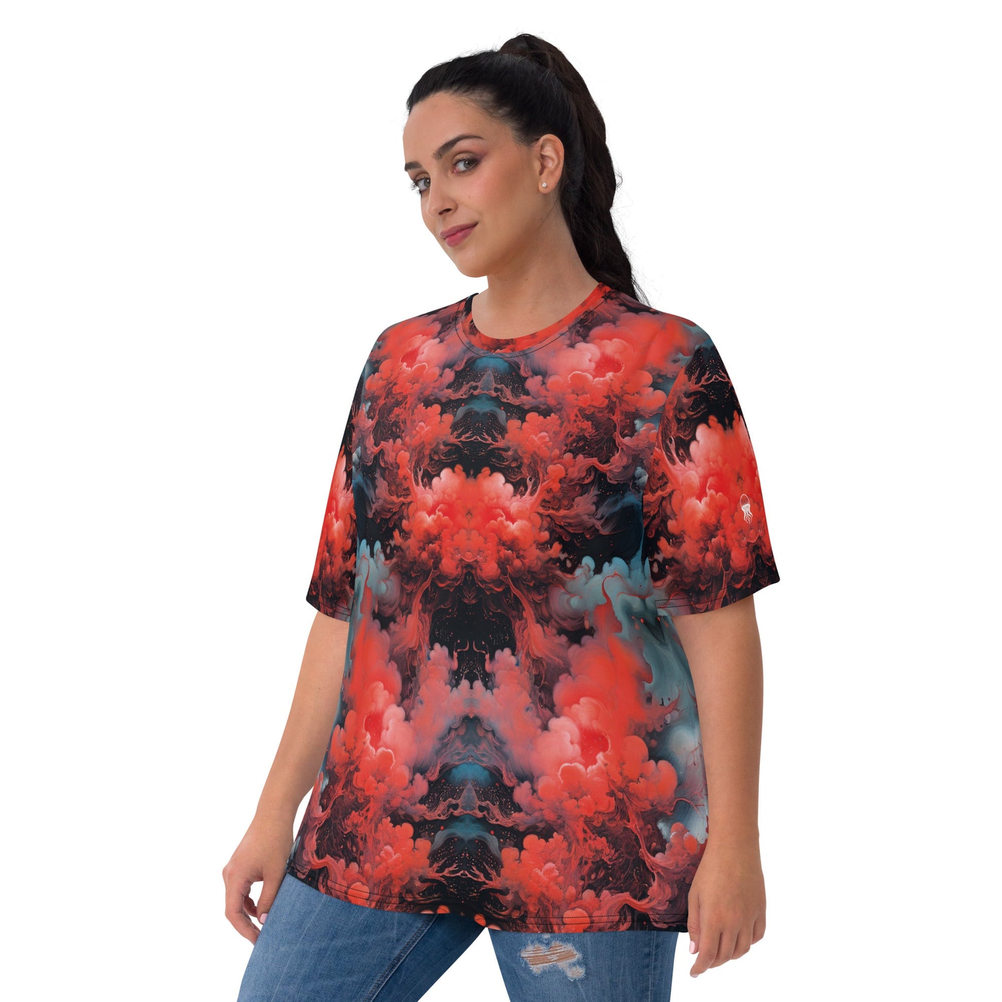 Women's Crewneck T-Shirt - Ethereal Crimson Flow - Dark | Jelly Kvlt