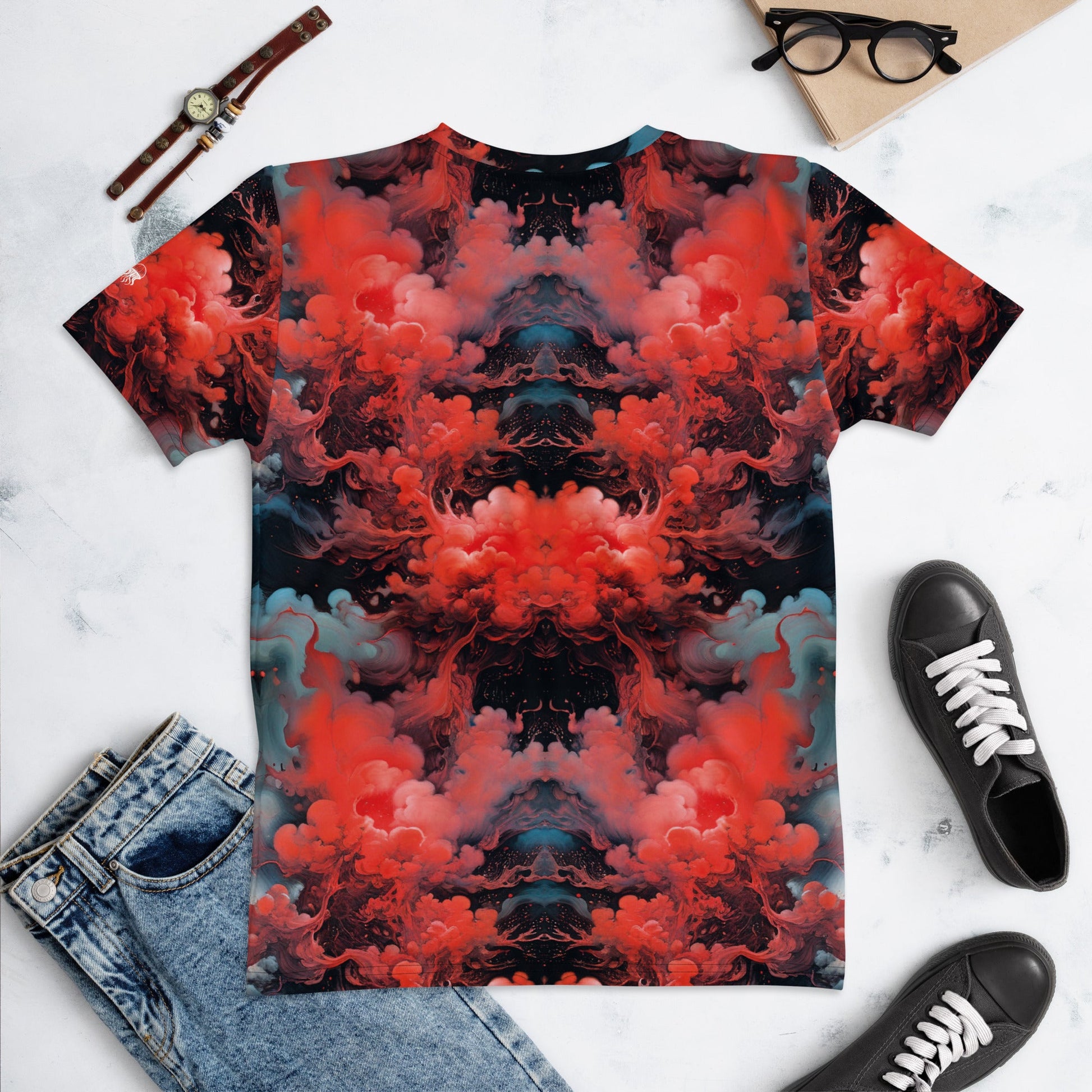 Women's Crewneck T-Shirt - Ethereal Crimson Flow - Dark | Jelly Kvlt